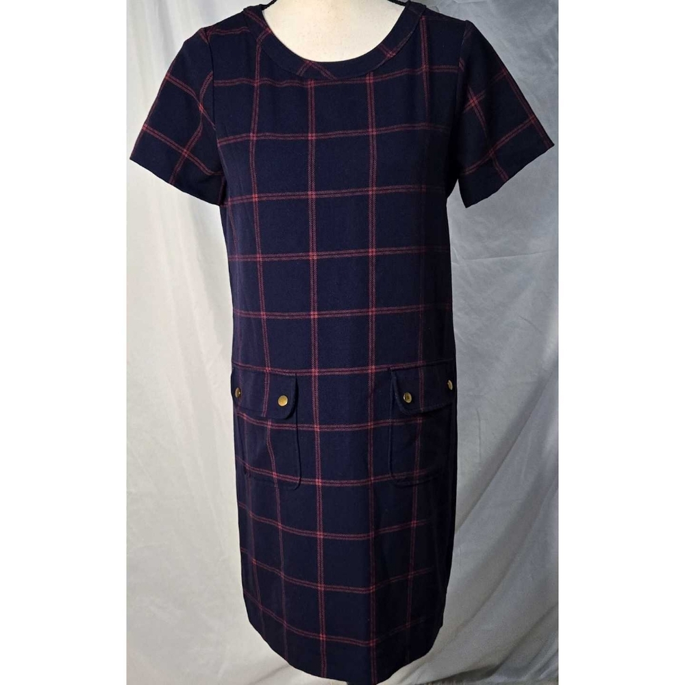 J Crew Shift Dress Navy Blue Red Classic Preppy Flap Pockets Mod 60s
